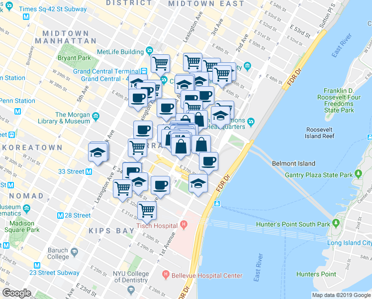 map of restaurants, bars, coffee shops, grocery stores, and more near in New York