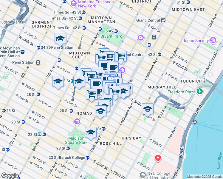 map of restaurants, bars, coffee shops, grocery stores, and more near 185 Madison Avenue in New York