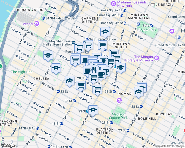 map of restaurants, bars, coffee shops, grocery stores, and more near 145 West 28th Street in New York