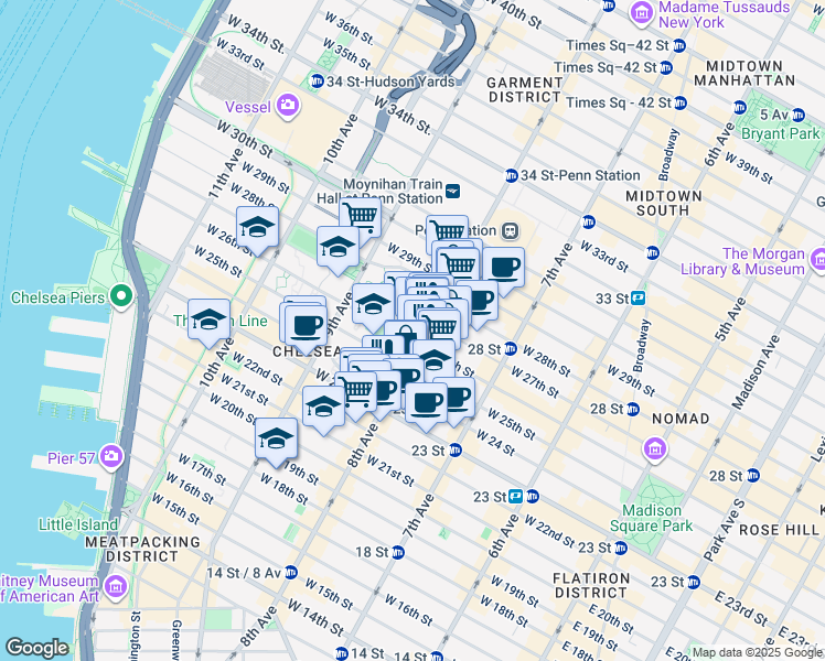 map of restaurants, bars, coffee shops, grocery stores, and more near 601 West 26th Street in New York