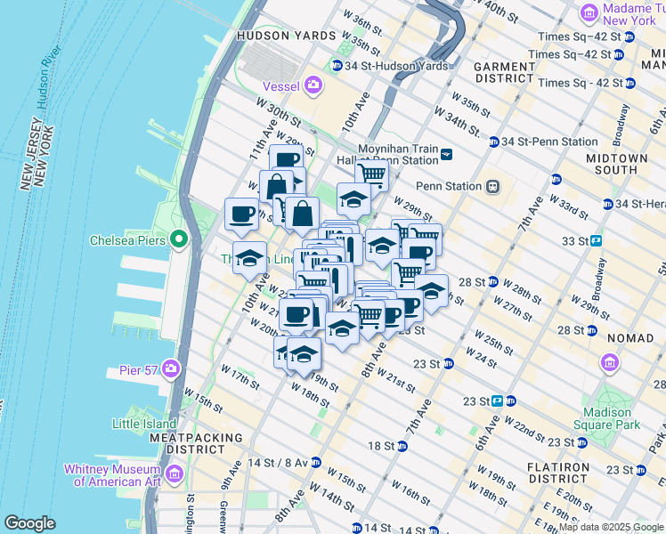 map of restaurants, bars, coffee shops, grocery stores, and more near 233 9th Avenue in New York
