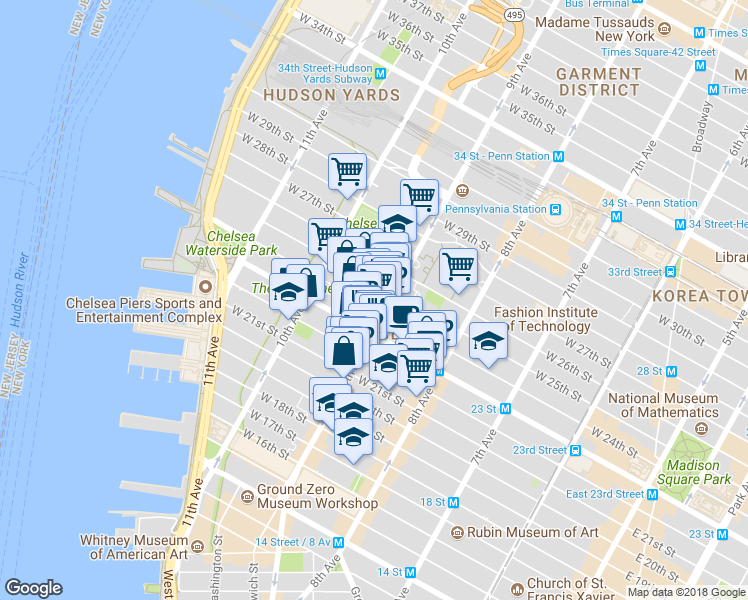map of restaurants, bars, coffee shops, grocery stores, and more near 233 9th Avenue in New York