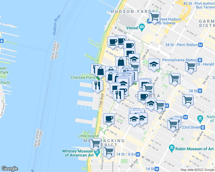 map of restaurants, bars, coffee shops, grocery stores, and more near 551 West 21st Street in New York