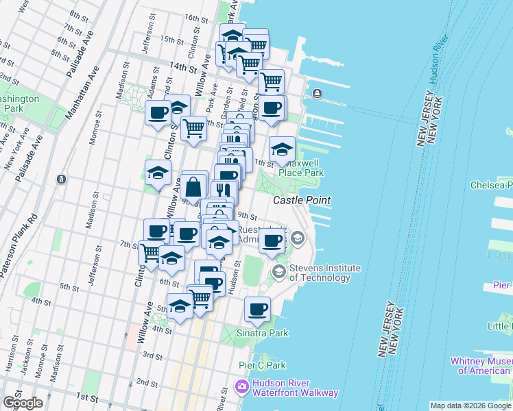 map of restaurants, bars, coffee shops, grocery stores, and more near 913 Hudson Street in Hoboken