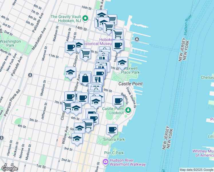 map of restaurants, bars, coffee shops, grocery stores, and more near 913 Hudson Street in Hoboken