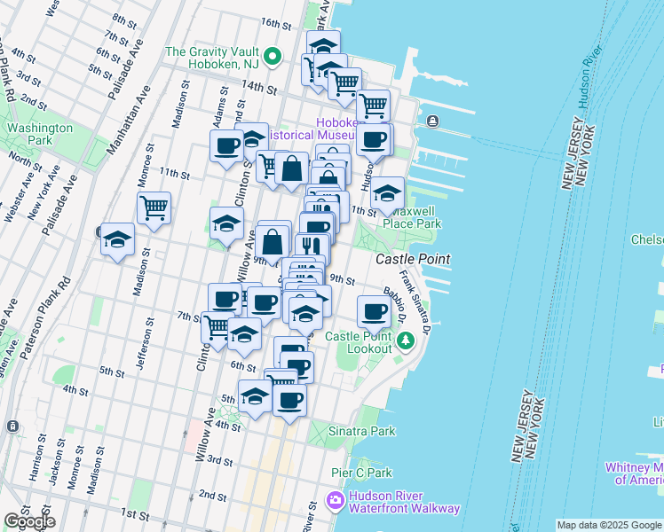 map of restaurants, bars, coffee shops, grocery stores, and more near 902 Washington Street in Hoboken