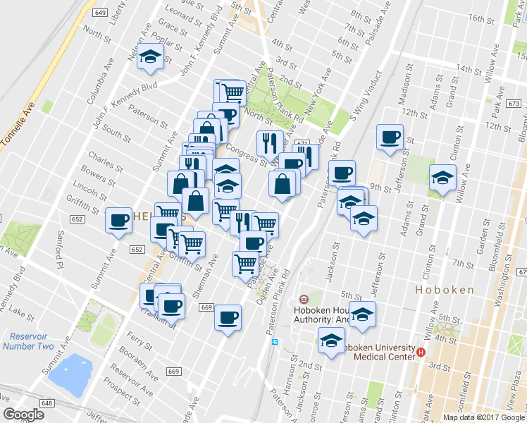 map of restaurants, bars, coffee shops, grocery stores, and more near 338 New York Avenue in Jersey City