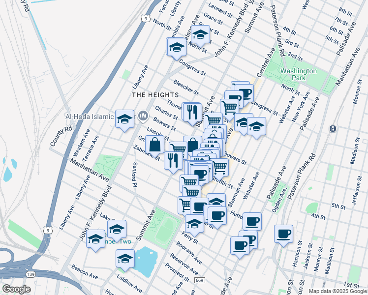 map of restaurants, bars, coffee shops, grocery stores, and more near 65 Lincoln Street in Jersey City