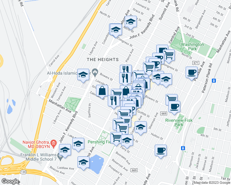map of restaurants, bars, coffee shops, grocery stores, and more near 65 Lincoln Street in Jersey City