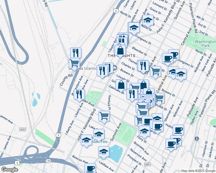 map of restaurants, bars, coffee shops, grocery stores, and more near 3371 John F. Kennedy Boulevard in Union City