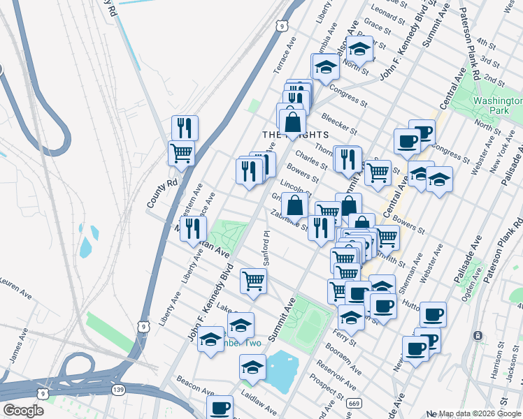 map of restaurants, bars, coffee shops, grocery stores, and more near 3371 John F. Kennedy Boulevard in Union City
