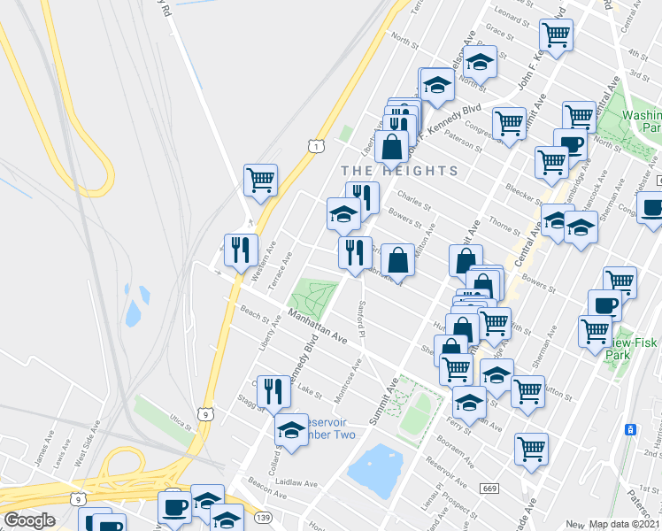 map of restaurants, bars, coffee shops, grocery stores, and more near 271 Hutton Street in Jersey City