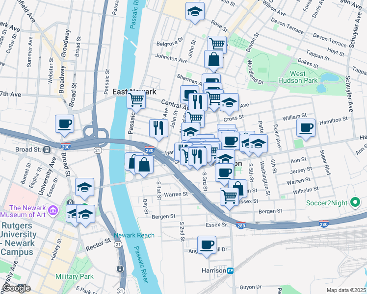 map of restaurants, bars, coffee shops, grocery stores, and more near 206B Hamilton Street in Harrison