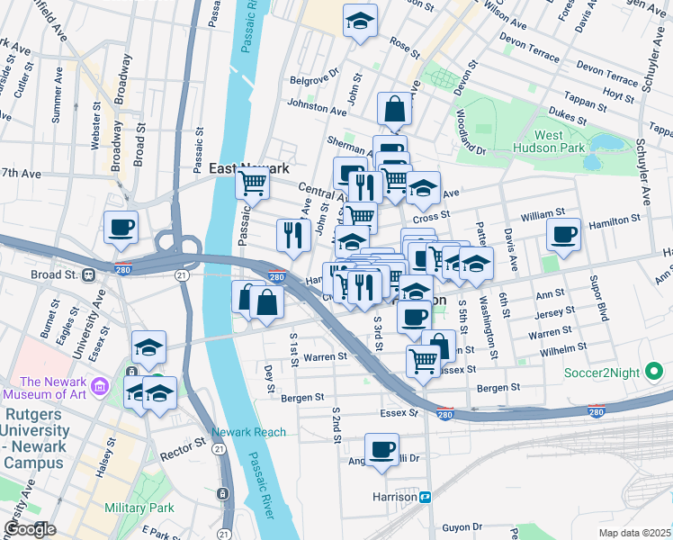 map of restaurants, bars, coffee shops, grocery stores, and more near 206B Hamilton Street in Harrison