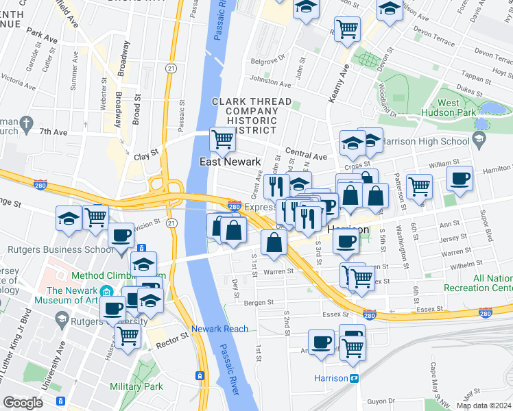map of restaurants, bars, coffee shops, grocery stores, and more near 206 John Street in East Newark