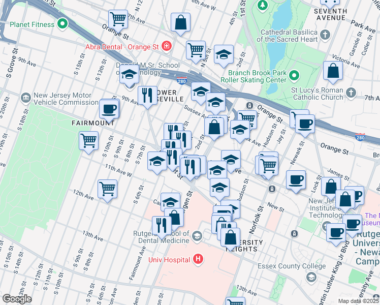 map of restaurants, bars, coffee shops, grocery stores, and more near 421 Central Avenue in Newark