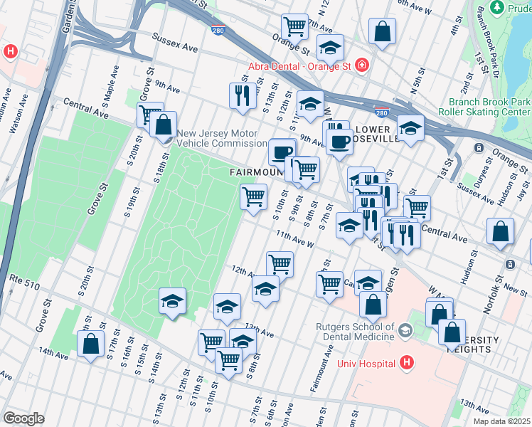 map of restaurants, bars, coffee shops, grocery stores, and more near 161 South 10th Street in Newark