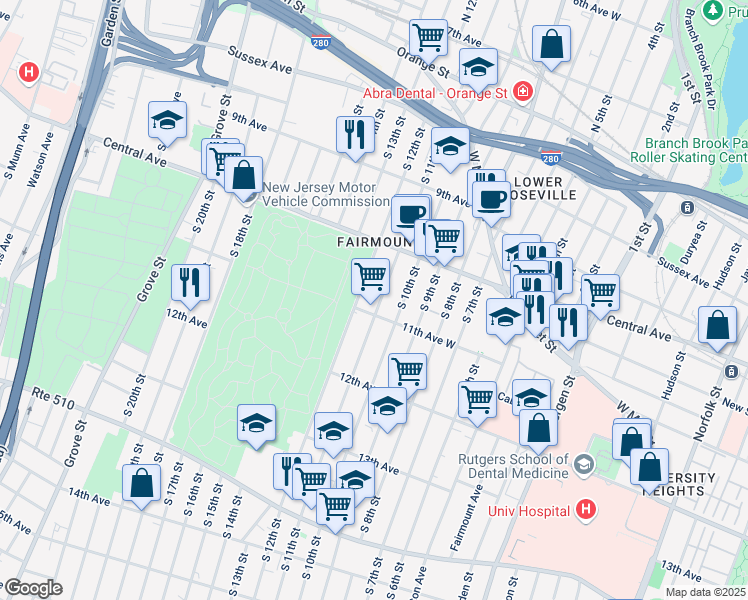 map of restaurants, bars, coffee shops, grocery stores, and more near 133 11th Avenue West in Newark