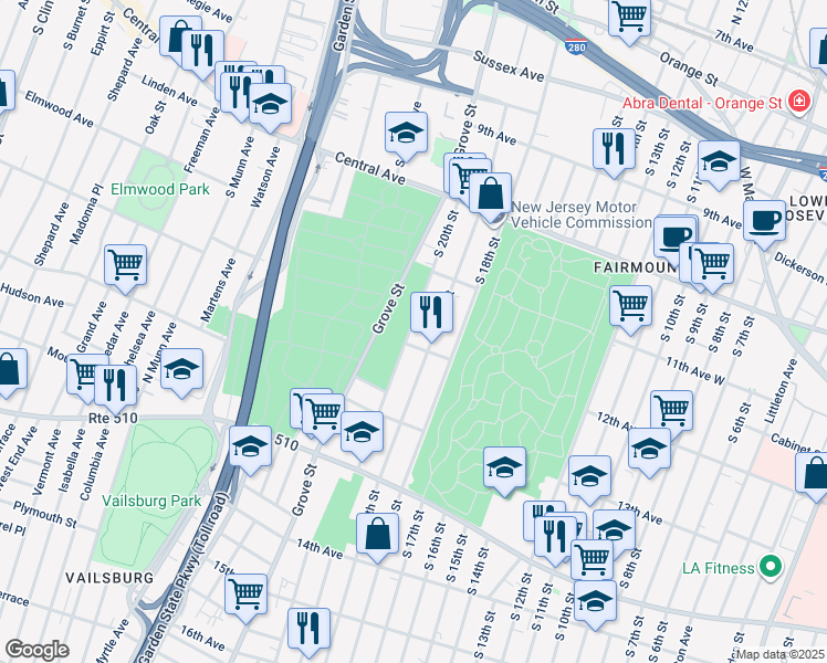 map of restaurants, bars, coffee shops, grocery stores, and more near 288 South 19th Street in Newark