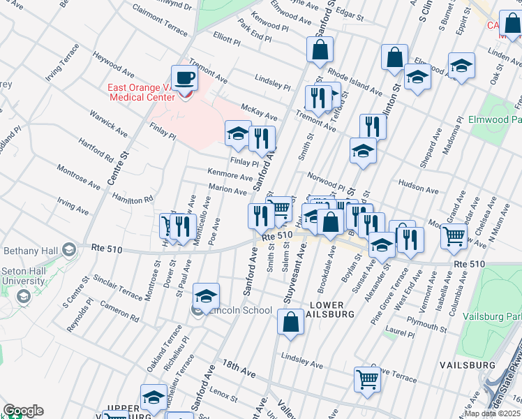 map of restaurants, bars, coffee shops, grocery stores, and more near 27 Palm Street in Newark