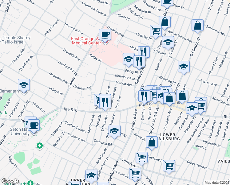 map of restaurants, bars, coffee shops, grocery stores, and more near 53 Monticello Avenue in Newark