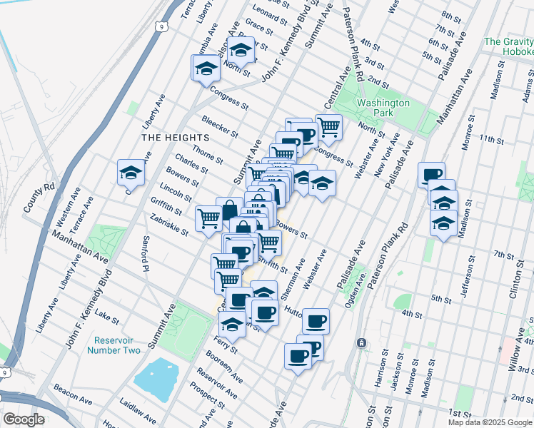 map of restaurants, bars, coffee shops, grocery stores, and more near 20 Charles Street in Jersey City