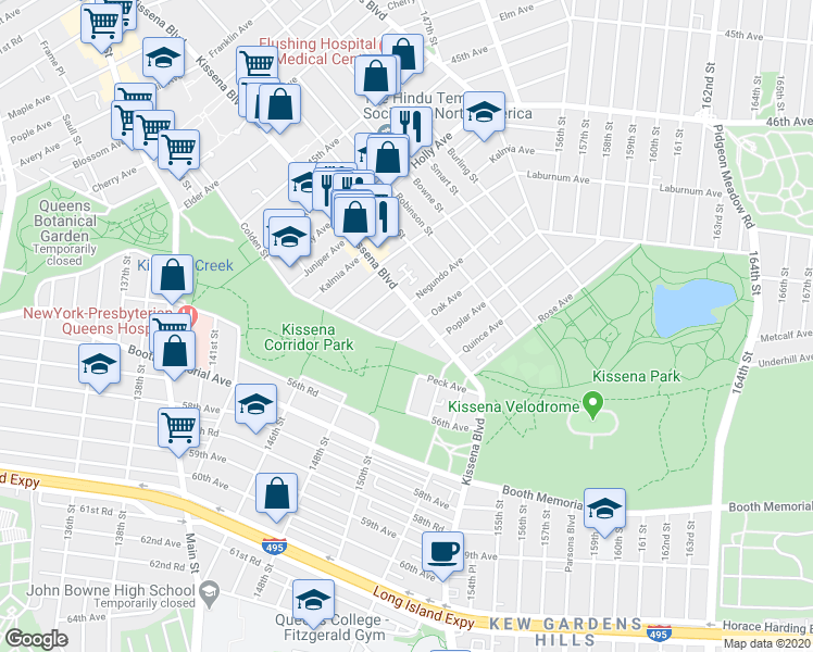 map of restaurants, bars, coffee shops, grocery stores, and more near 137-15 Oak Avenue in Queens