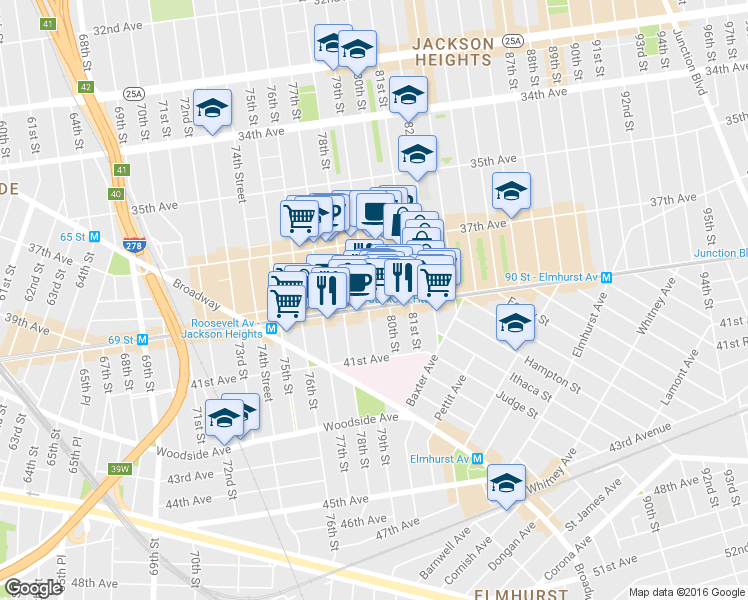 map of restaurants, bars, coffee shops, grocery stores, and more near 79-05 Roosevelt Avenue in Queens