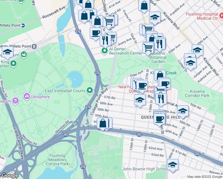 map of restaurants, bars, coffee shops, grocery stores, and more near 132-03 57th Avenue in Queens