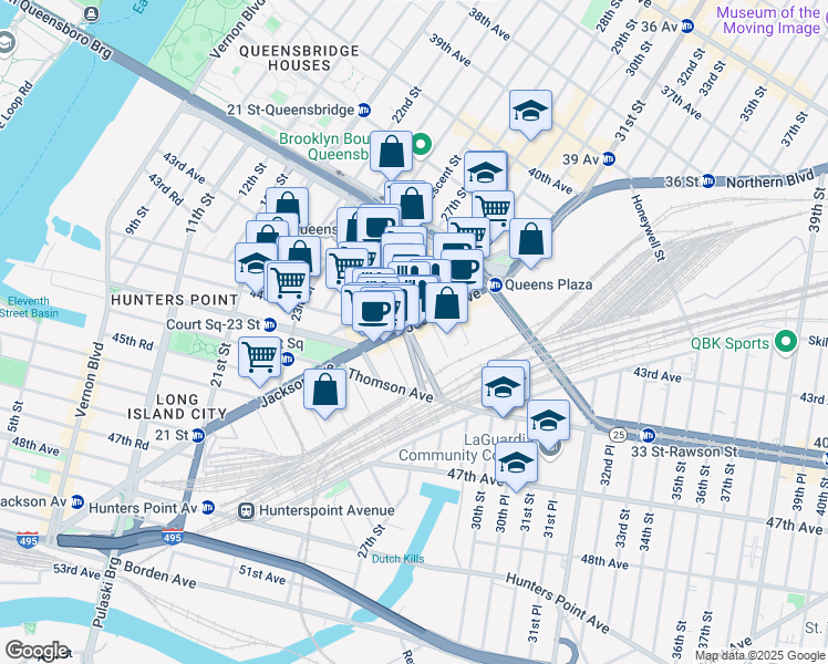 map of restaurants, bars, coffee shops, grocery stores, and more near 26-36 Jackson Avenue in Queens