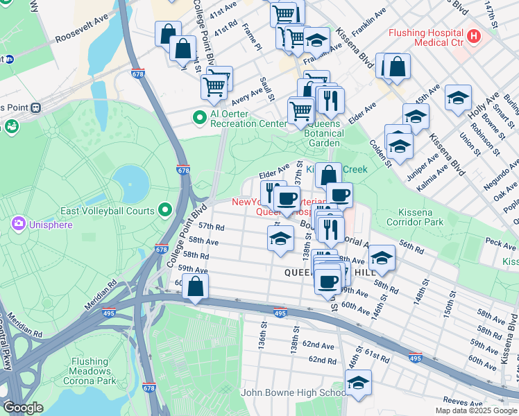 map of restaurants, bars, coffee shops, grocery stores, and more near 134-28 Booth Memorial Avenue in Queens