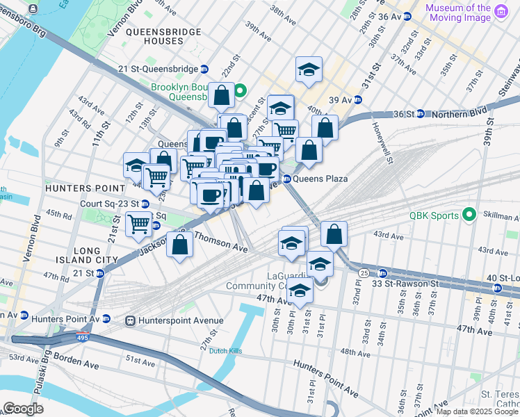 map of restaurants, bars, coffee shops, grocery stores, and more near 43-22 Queens Street in Queens