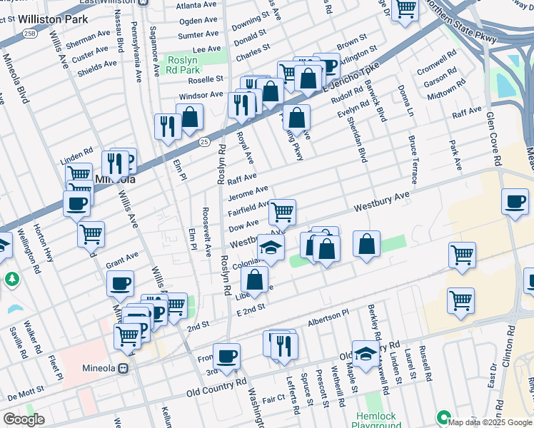 map of restaurants, bars, coffee shops, grocery stores, and more near 62 Dow Avenue in Mineola
