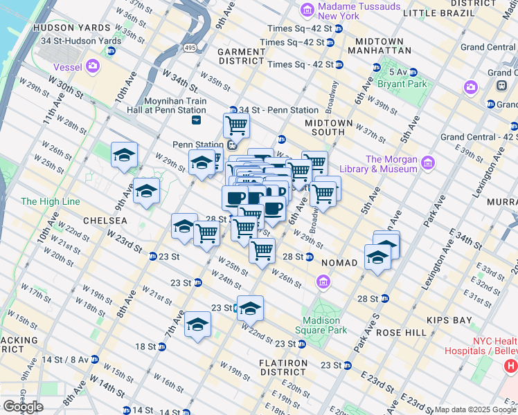 map of restaurants, bars, coffee shops, grocery stores, and more near 145 West 28th Street in New York