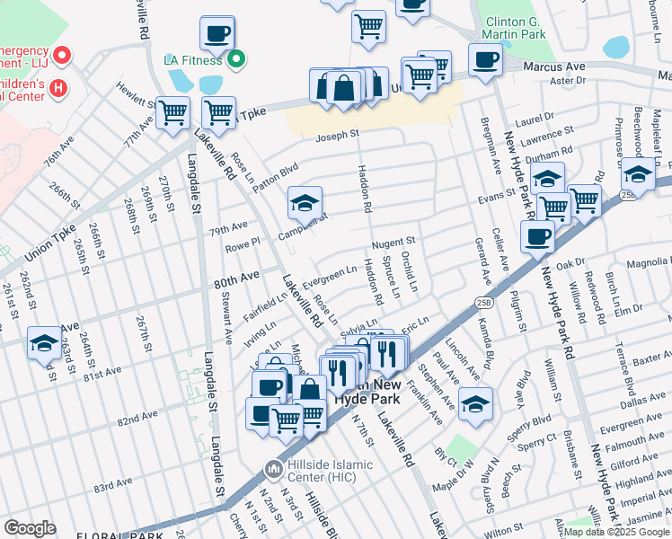 map of restaurants, bars, coffee shops, grocery stores, and more near 23 Evergreen Lane in New Hyde Park
