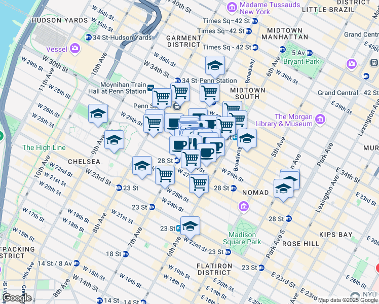 map of restaurants, bars, coffee shops, grocery stores, and more near 158 West 29th Street in New York