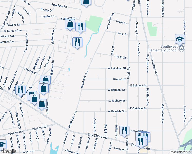 map of restaurants, bars, coffee shops, grocery stores, and more near 39 Krause Street in Bay Shore