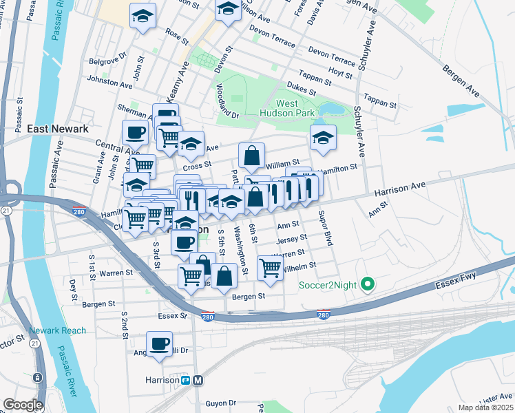 map of restaurants, bars, coffee shops, grocery stores, and more near 4 Davis Avenue in Harrison