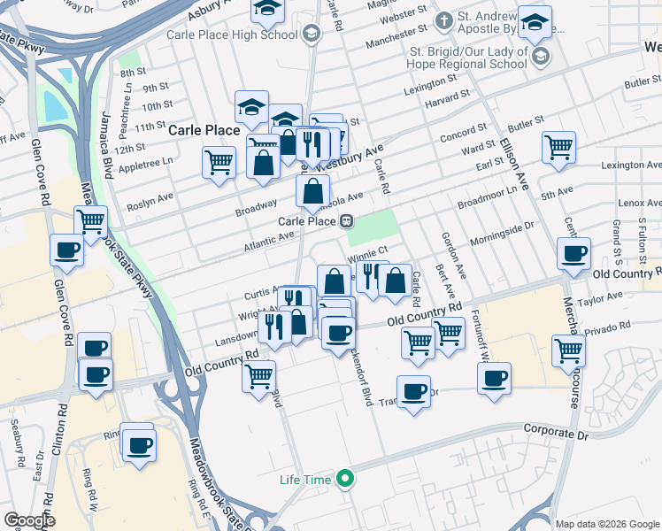 map of restaurants, bars, coffee shops, grocery stores, and more near 8 Garden Avenue in Carle Place