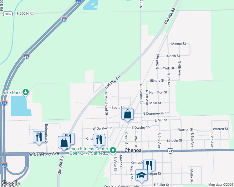 map of restaurants, bars, coffee shops, grocery stores, and more near 309 North Letcher Street in Chenoa