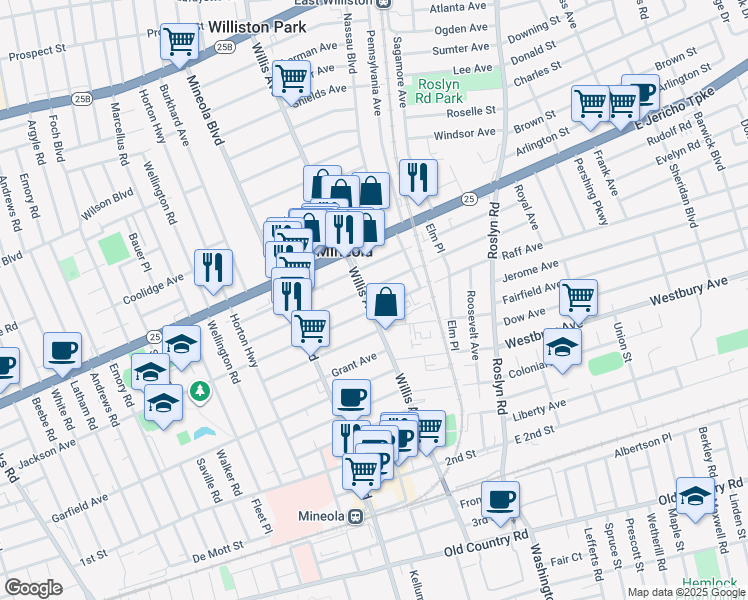 map of restaurants, bars, coffee shops, grocery stores, and more near in Mineola