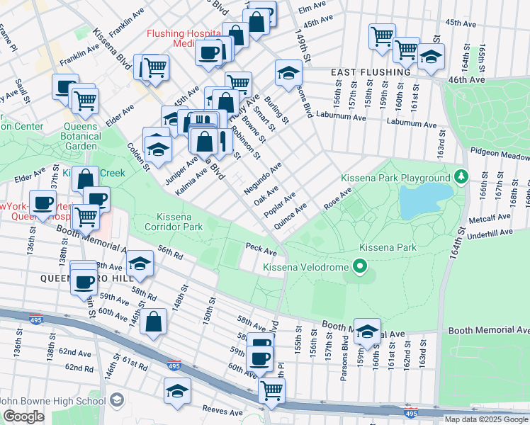 map of restaurants, bars, coffee shops, grocery stores, and more near 13 Poplar Avenue in Queens