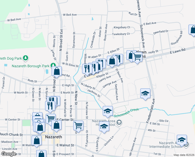 map of restaurants, bars, coffee shops, grocery stores, and more near 31 Henry Avenue in Nazareth