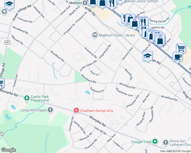 map of restaurants, bars, coffee shops, grocery stores, and more near 46 East Lane in Madison