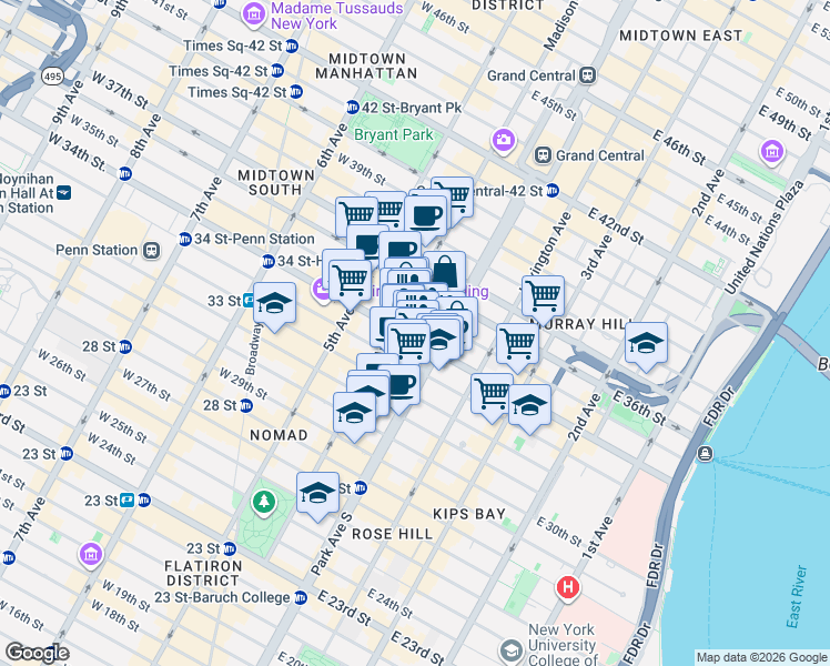 map of restaurants, bars, coffee shops, grocery stores, and more near 3 Park Avenue in New York