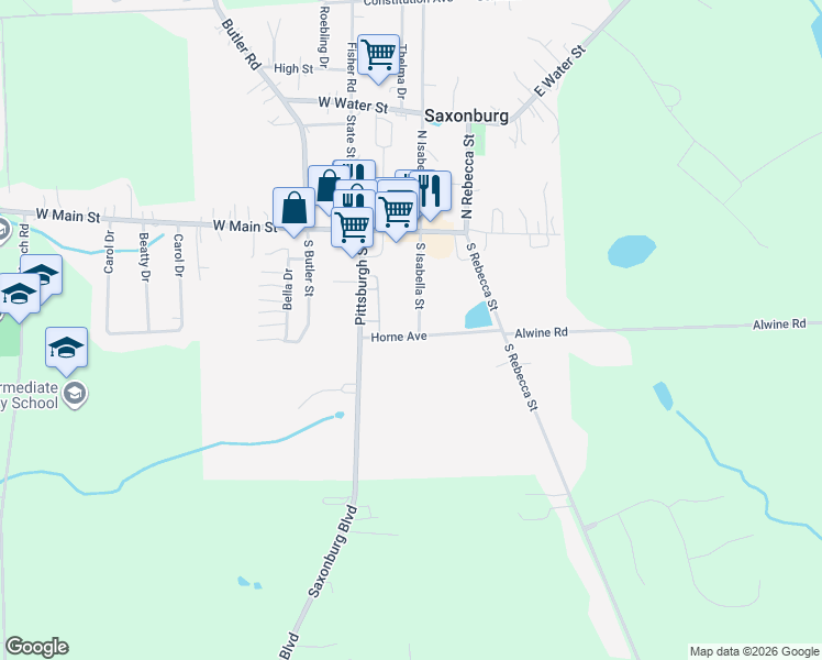 map of restaurants, bars, coffee shops, grocery stores, and more near 204 Horne Avenue in Saxonburg