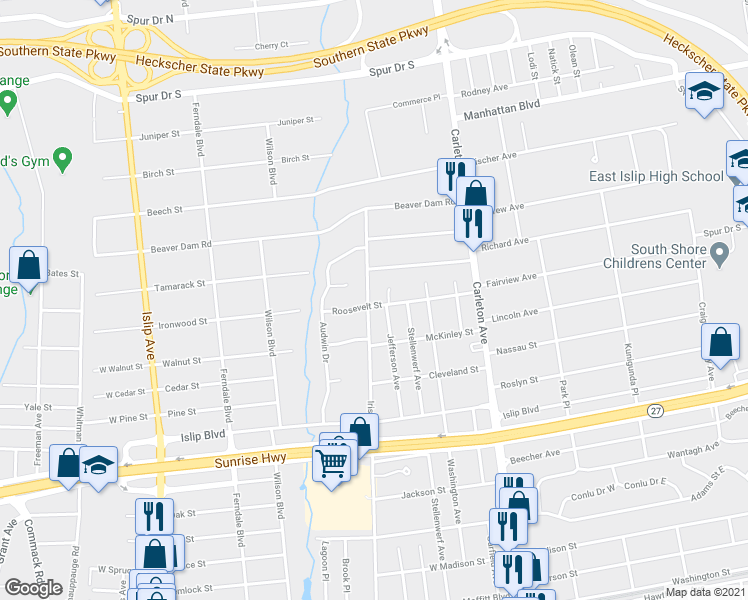 map of restaurants, bars, coffee shops, grocery stores, and more near 199 Irish Lane in Islip Terrace