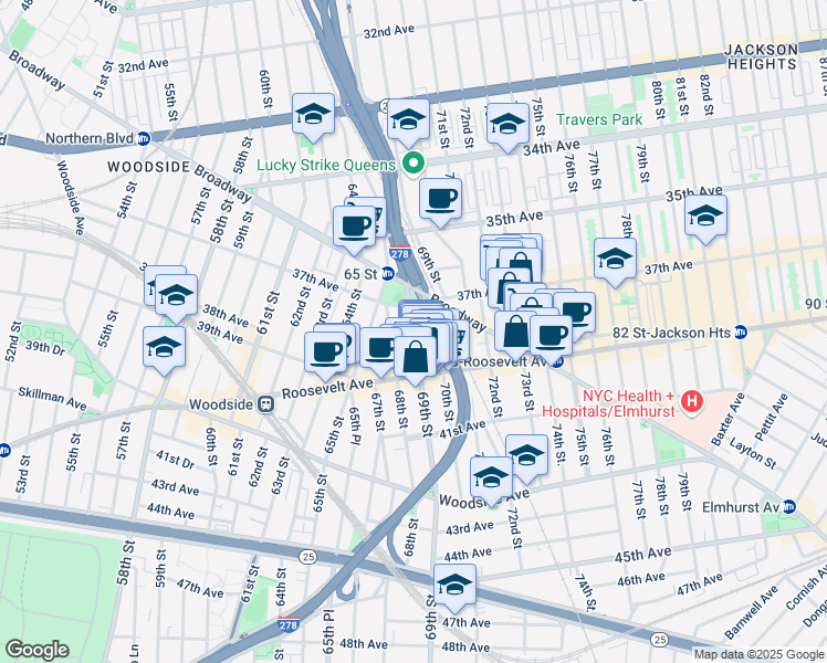 map of restaurants, bars, coffee shops, grocery stores, and more near 69th Street & 37th Road in Queens