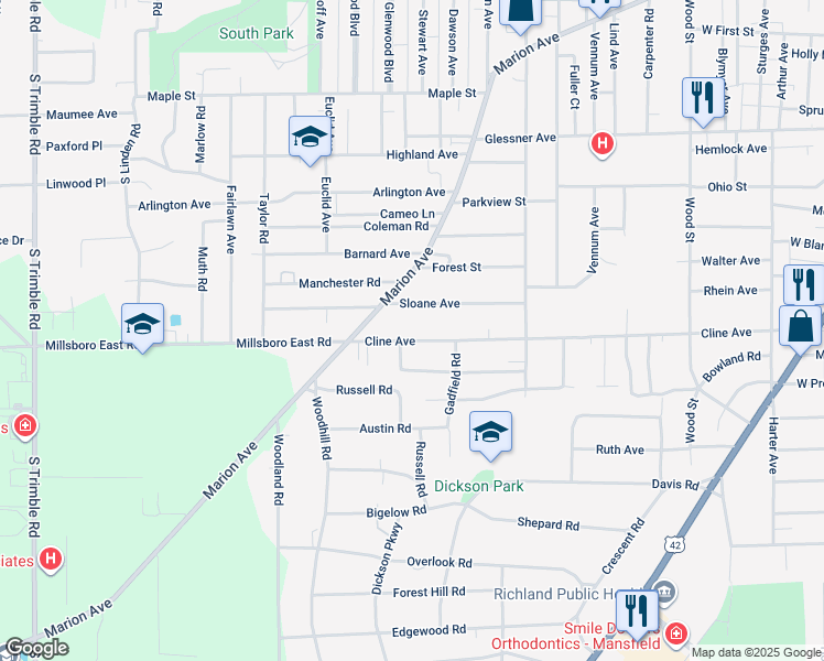 map of restaurants, bars, coffee shops, grocery stores, and more near 570 Cline Avenue in Mansfield