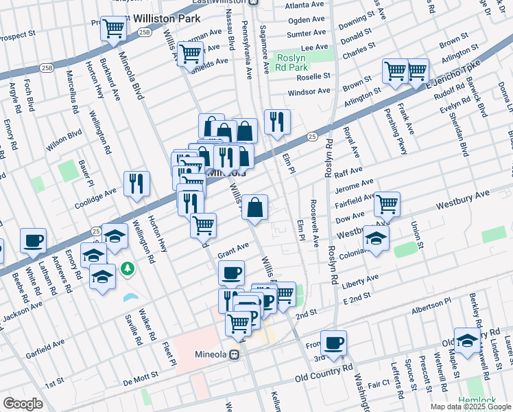 map of restaurants, bars, coffee shops, grocery stores, and more near 124 Jackson Avenue in Mineola